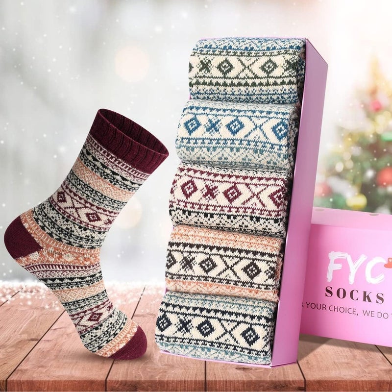 Lisacool 5 Pairs Womens Wool Socks - Winter Warm Socks - Thick Thermal Knit Vintage Cozy Crew Soft Gifts for Women - Image 5